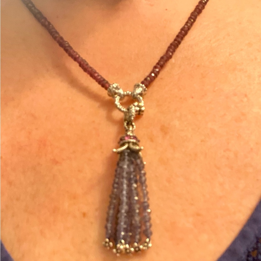 Pink Garnet and Iolite Tassle Charm Necklace